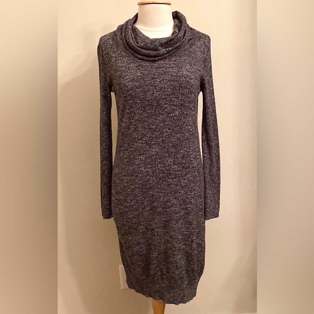 Max Studio Black Gray Cowl Neck Long Ribbed Sleeve Knit Sweater Dress Size Large